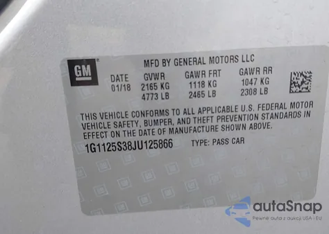 2018 Chevrolet Impala 2Lz z USA, uszkodzony, nr VIN 1G1125S38JU125866